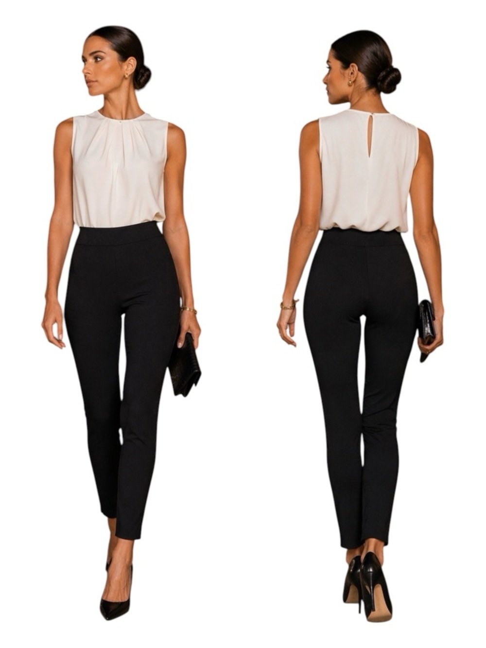 St John Black Tiffany Ponte Skinny Pants Side Zip Split Cuffs Excellent Size 4